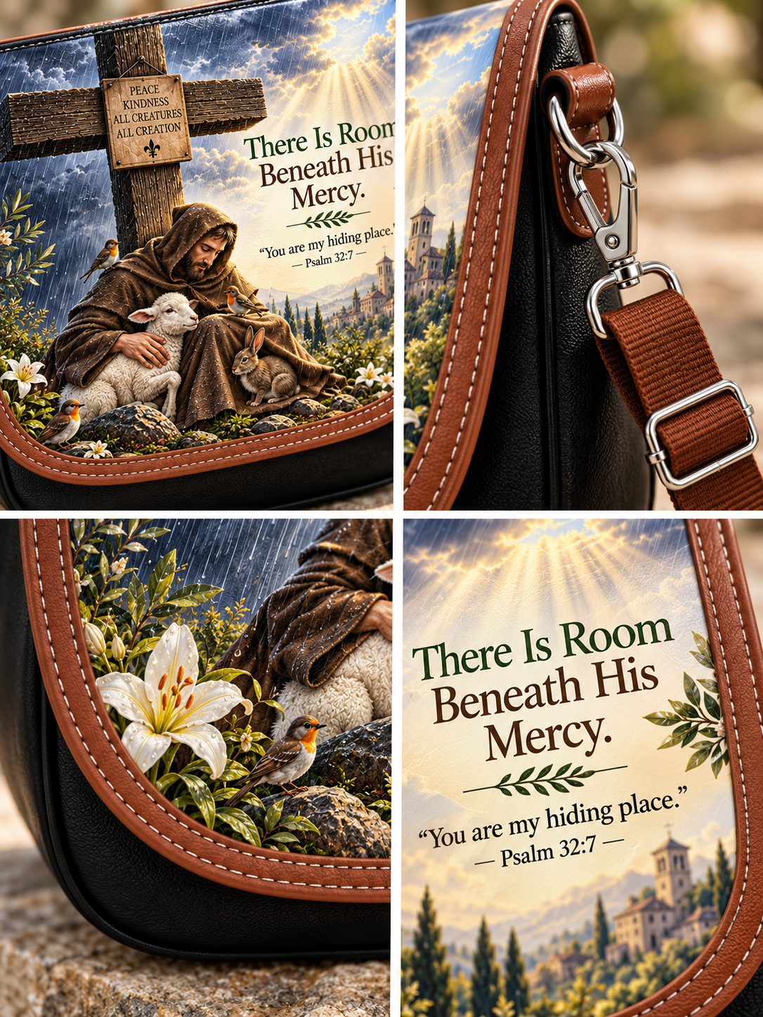 A black crossbody bag with brown leather trim, shown in a four-panel collage. The bag features a detailed graphic print of Saint Christopher carrying the Christ Child under a cross, with the text 'There Is Room Beneath His Mercy.