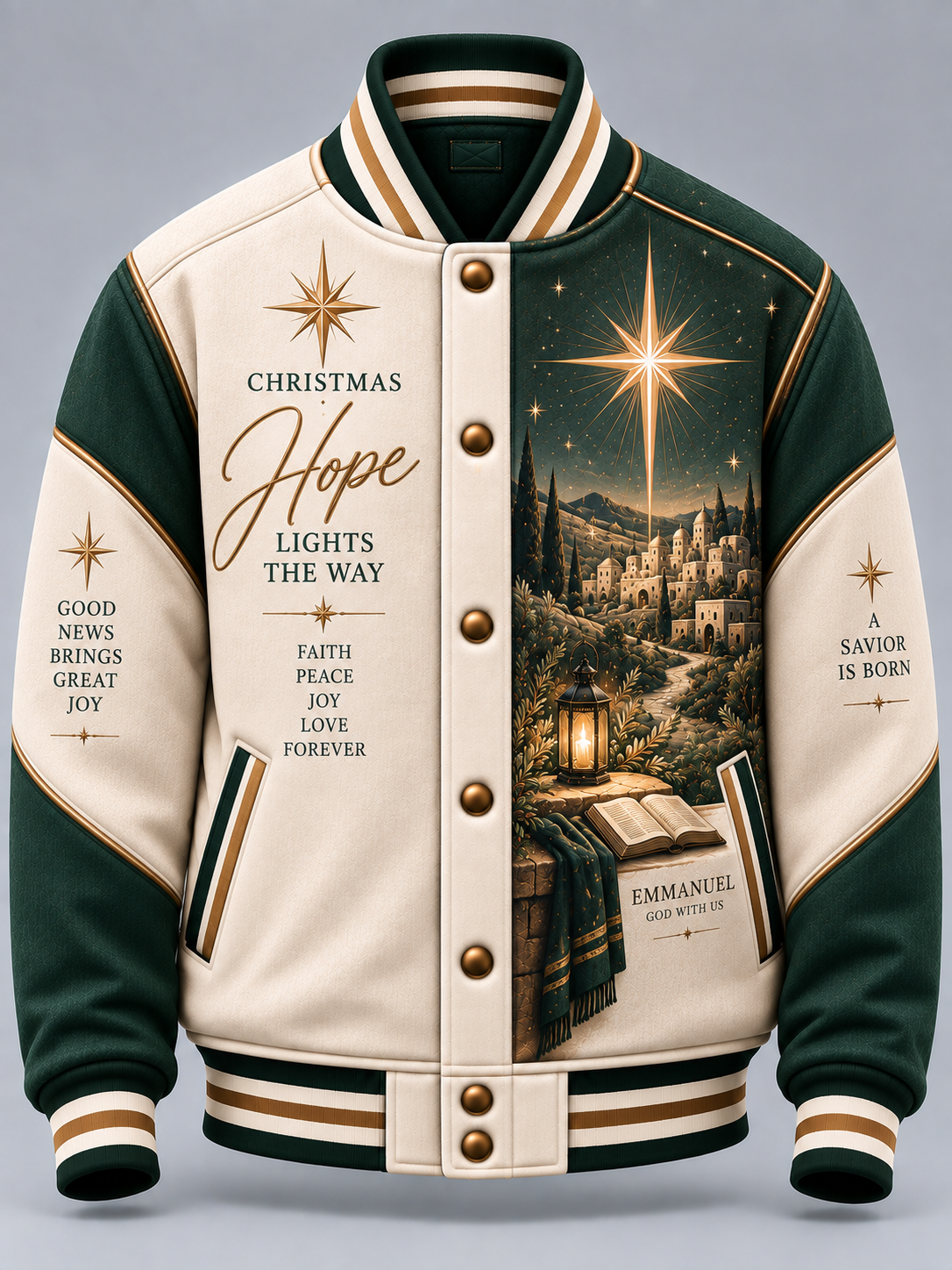 A Christmas-themed varsity jacket with cream and dark green panels, gold buttons, and printed holiday artwork including a starry night sky, a village scene, and inspirational text.