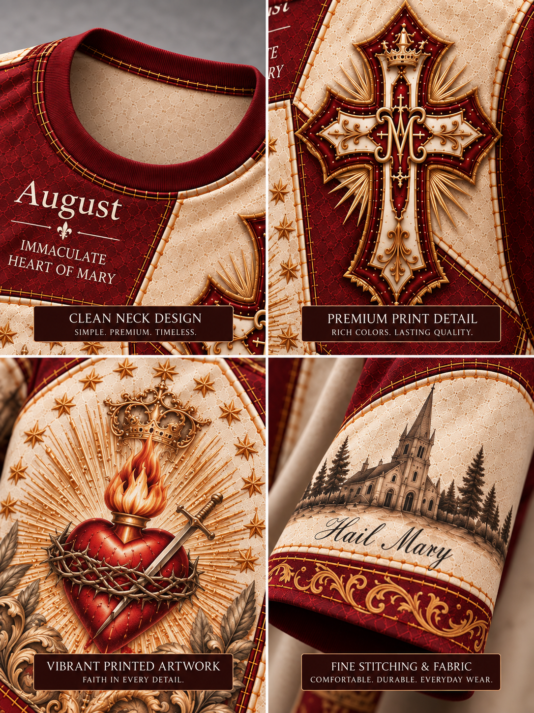 Four-panel close-up collage of a religious apparel fabric design, showing the neckline with the text 'August Immaculate Heart of Mary,' a large ornate cross with monogram details, a Sacred Heart illustration with flame and crown, and a sleeve print reading 'Hail Mary' with a church scene. Text overlays describe clean neck design, premium print detail, vibrant printed artwork, and fine stitching.
