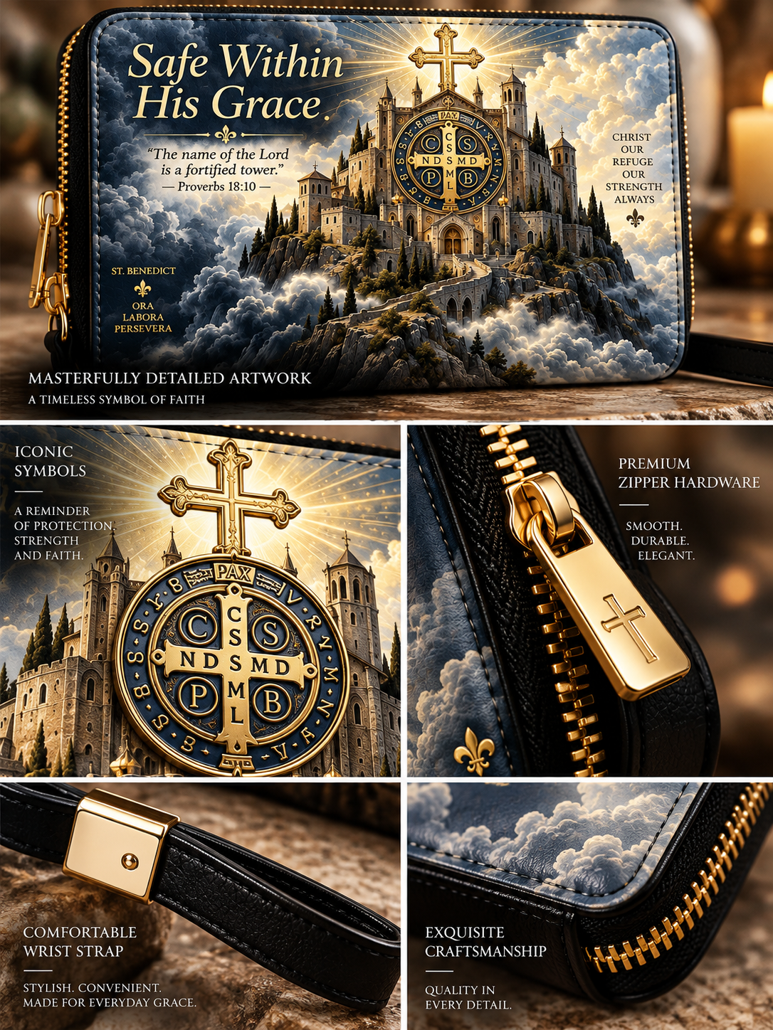 A collage showing a black leather zip pouch with a large religious artwork panel on the front, plus four detail close-ups of the hardware, cross emblem, and cloud-print zipper track. Text overlays describe the design as masterfully detailed, iconically strong, and premium.