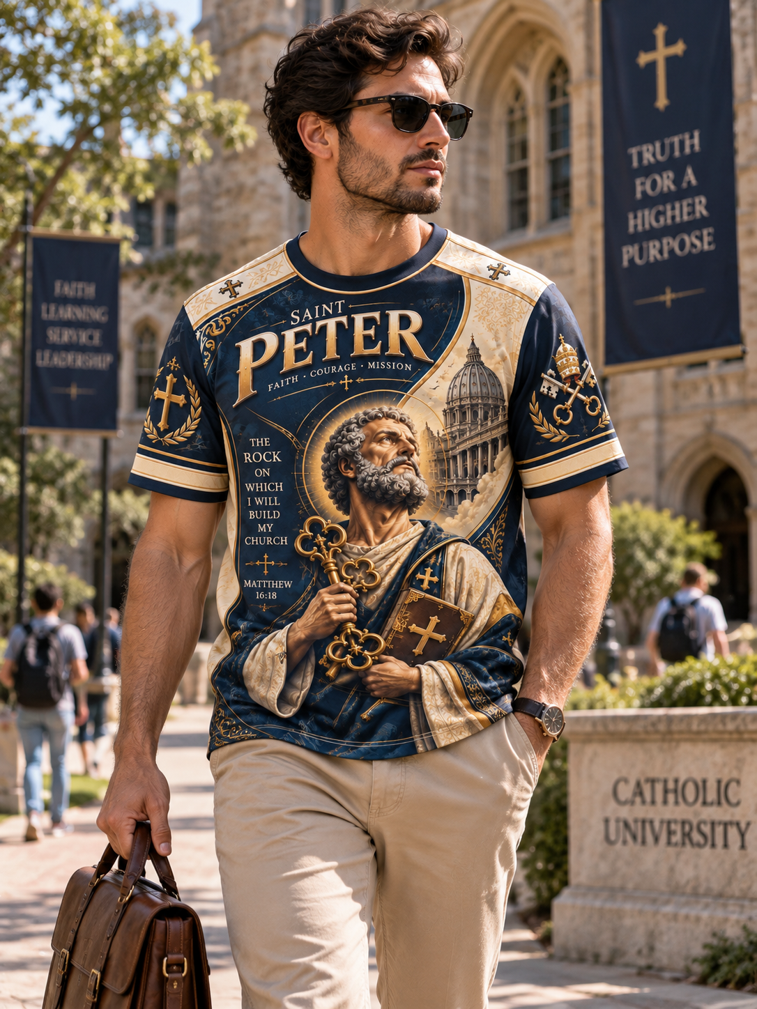 A man wearing a graphic Saint Peter t-shirt and khaki pants walking outdoors on a campus path with a briefcase, with a stone cathedral and banners in the background.