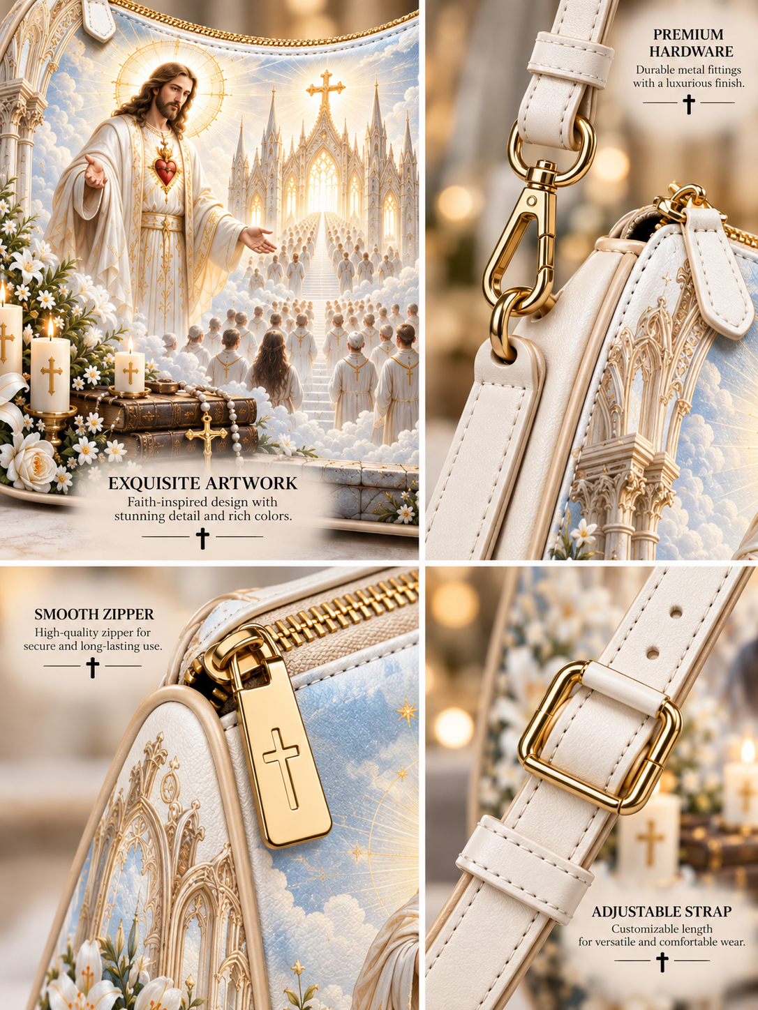 A four-panel product showcase of a cross-themed shoulder bag. The top-left panel displays the full bag with a detailed religious illustration of Jesus and angels in a cathedral, complete with text overlays describing the 'Exquisite Artwork'.