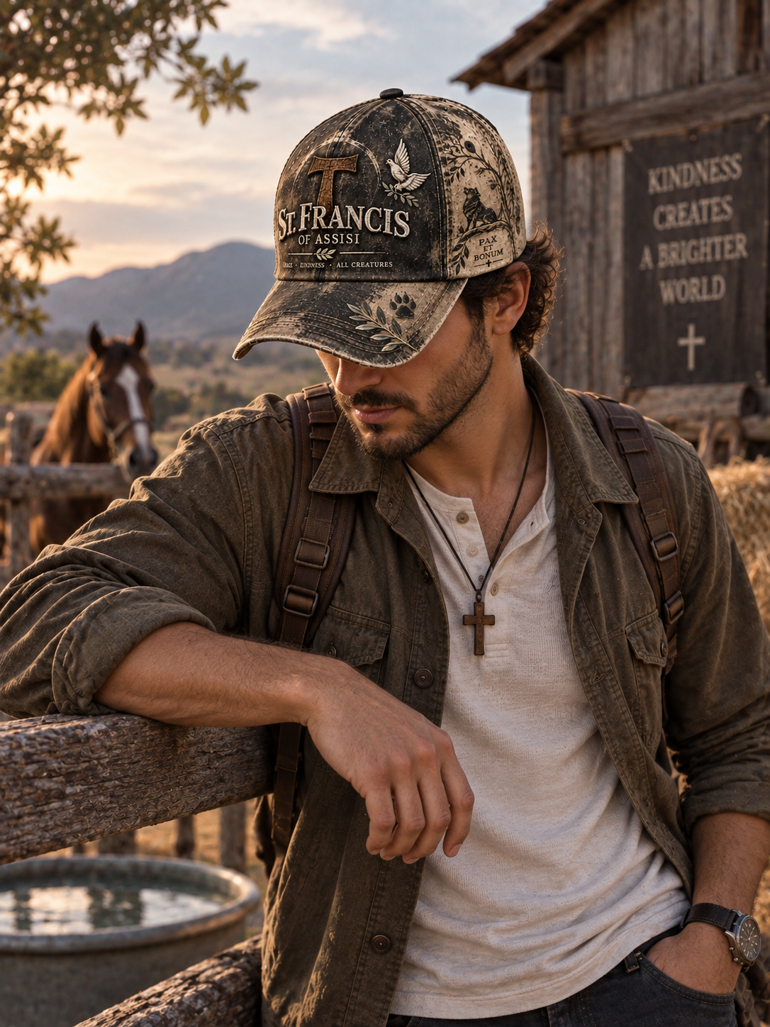 A man wearing a St. Francis Ranch vintage-style camouflage baseball cap, an olive green button-up shirt, and a white henley t-shirt, leaning on a wooden fence in a rustic outdoor setting with a horse and barn in the background.