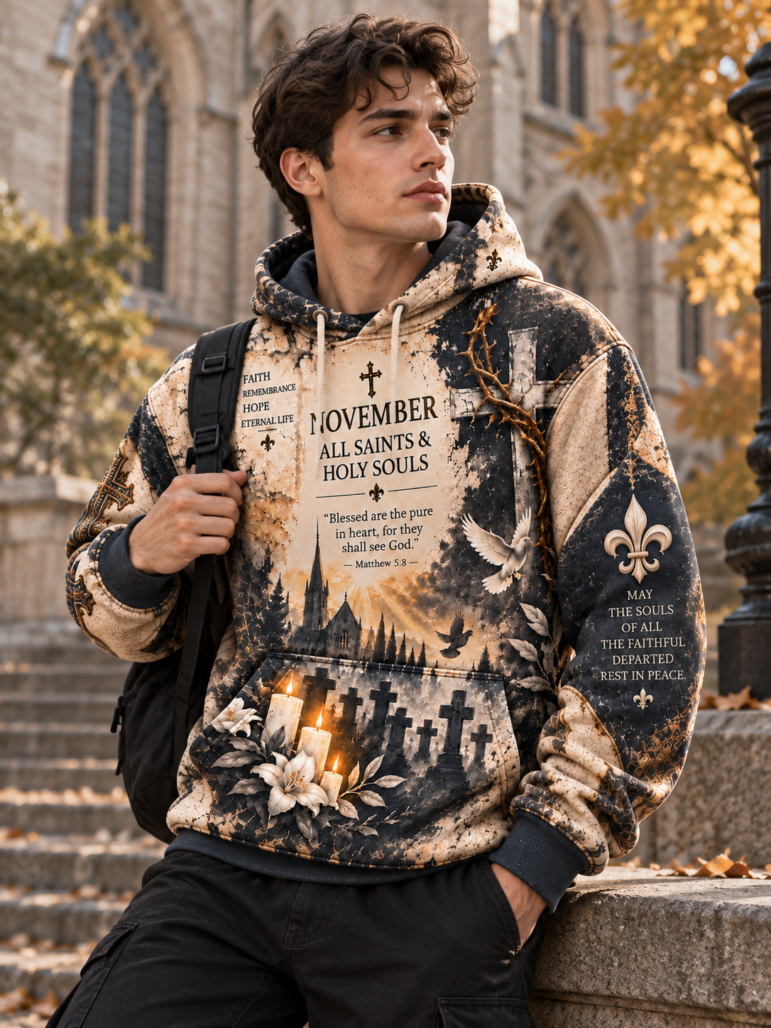 A man wearing a distressed, vintage-style beige and black hoodie with religious text and imagery, standing on stone steps in front of a historic stone building.
