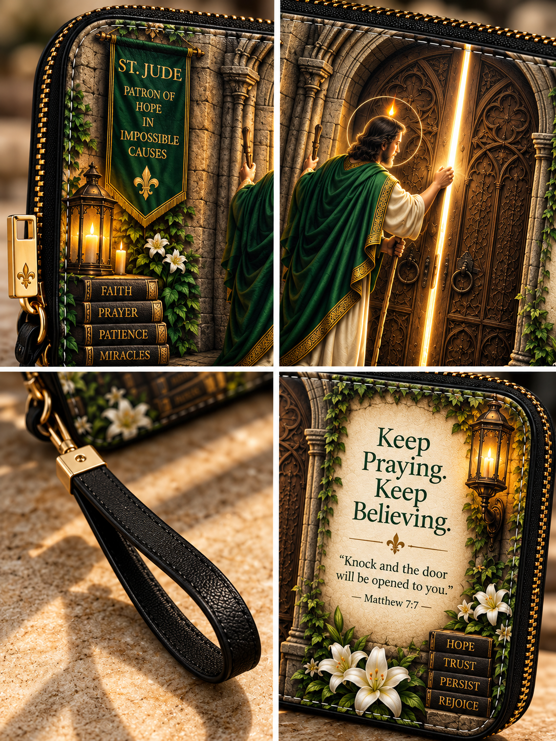 A zip-around religious wallet shown in a four-panel collage. The wallet features a detailed illustration of Saint Jude with a green robe, a gold light beam, a banner reading 'St.