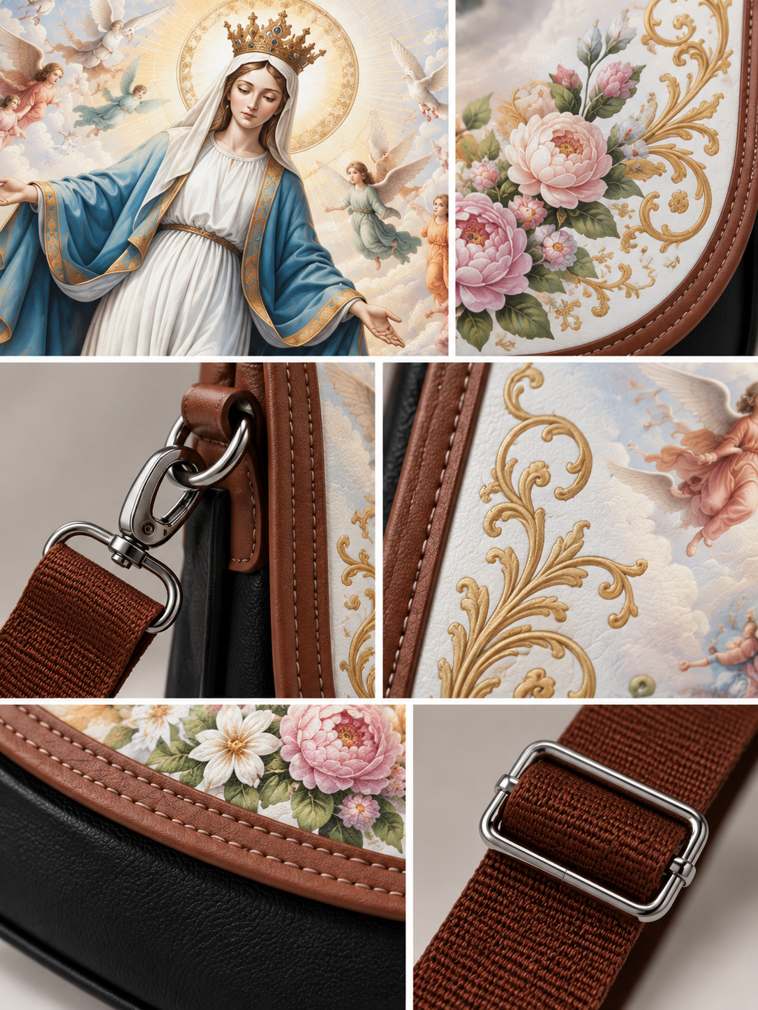 A collage showing a handbag strap and decorative details: a close-up of a brown webbed strap with silver metal hardware, a floral and ornate printed panel, a religious-style illustration with a crown and angels, and a black bag edge with brown trim and floral print.