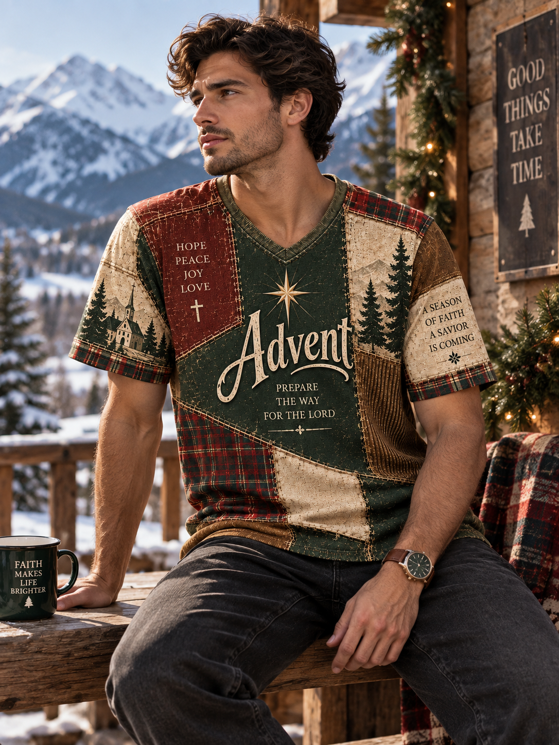 A short-sleeve V-neck patchwork t-shirt featuring a rustic Christmas Advent theme. The shirt has a patchwork design with green, red plaid, and beige panels, decorated with pine trees, a star, and text including 'Advent' and 'Prepare the way for the Lord'.