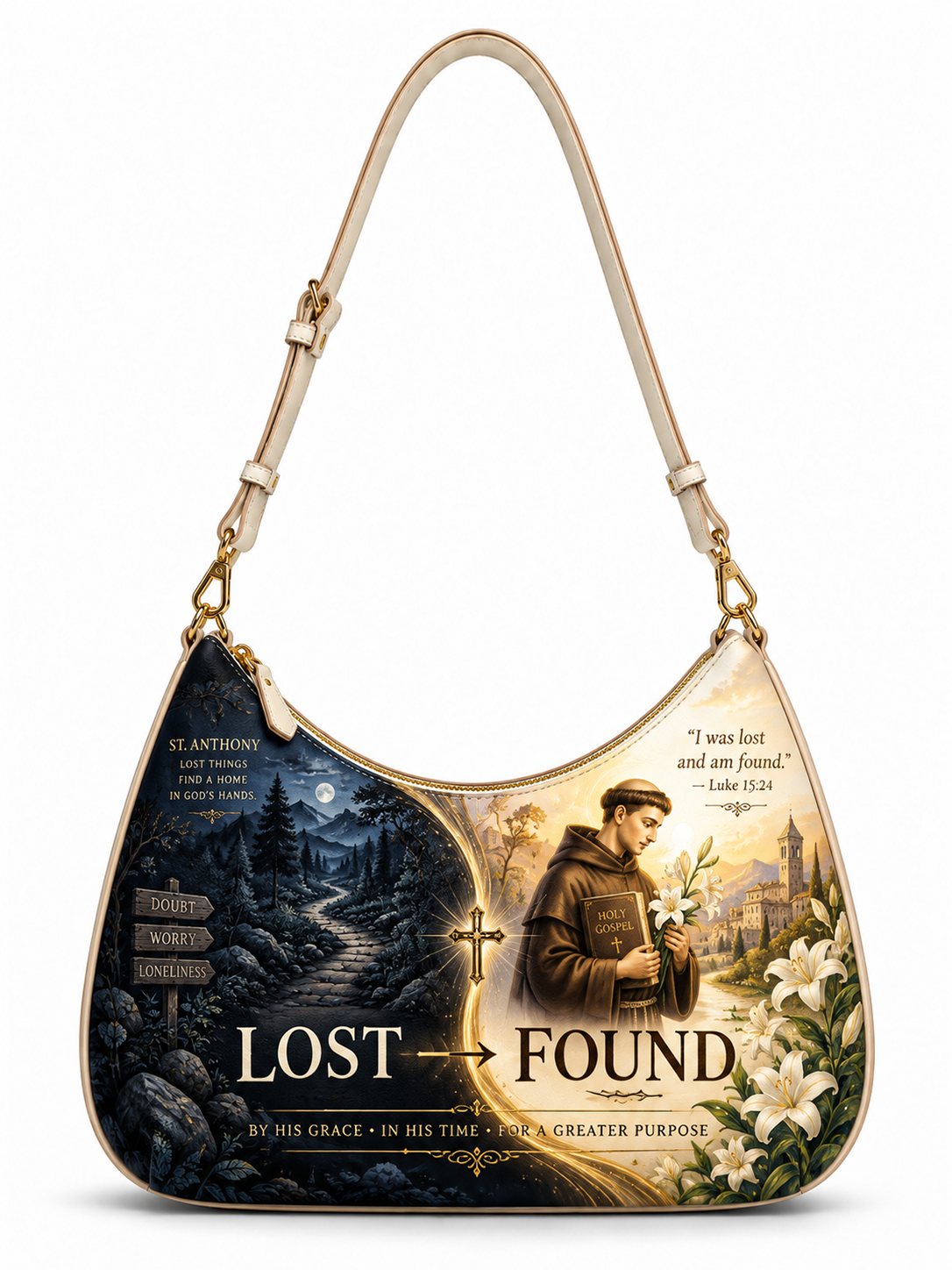 A hobo-style shoulder bag with a cream-colored strap and trim, featuring a split graphic design on the front. The left side depicts a dark, desolate path at night with a moonlit sky and the words 'LOST', while the right side shows a saint holding flowers in a bright town square with the words 'FOUND'.