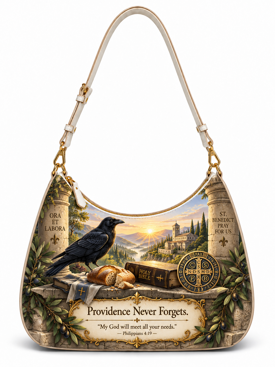 A shoulder bag with a detailed religious and biblical illustration featuring a raven, an open Bible, bread, olive branches, and columns with inscriptions. The text 'Providence Never Forgets' and a scripture quote are printed on the front.