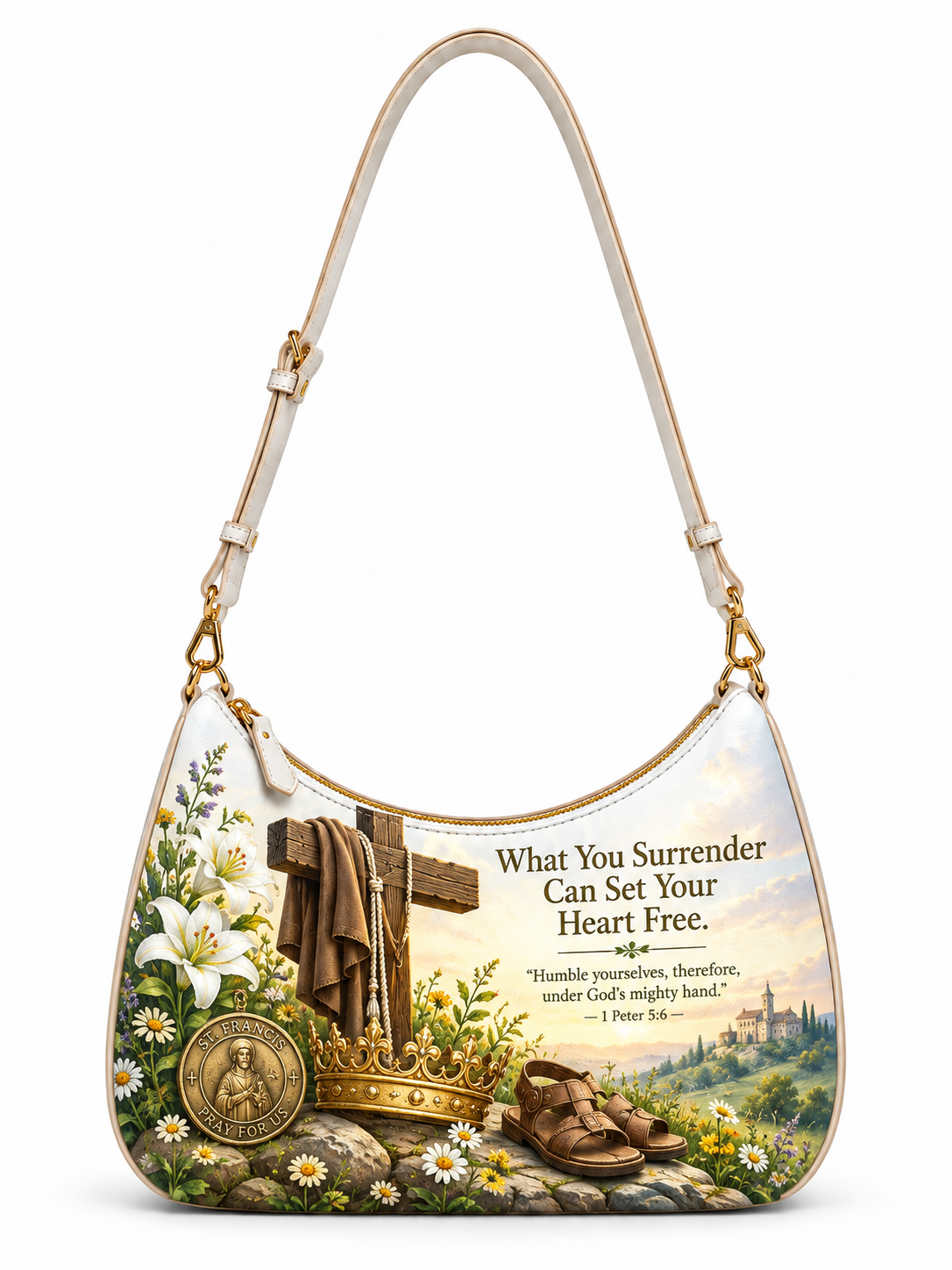 A hobo-style shoulder bag with a cream-colored strap and gold-tone hardware, featuring a printed religious design on the front. The design includes a cross draped with a brown robe, white lilies, a gold crown, brown shoes, a gold medallion, and the text 'What You Surrender Can Set Your Heart Free.