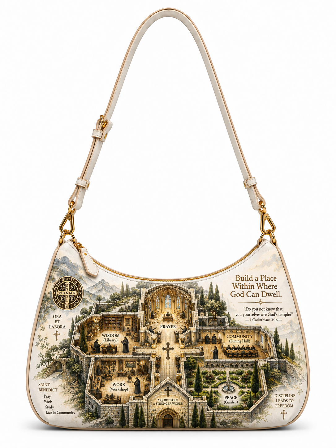 A cream-colored shoulder bag featuring a detailed, vintage-style map illustration of St. Benedict's Monastery in Monte Cassino, Italy, complete with text and a compass rose, set against a plain white background.
