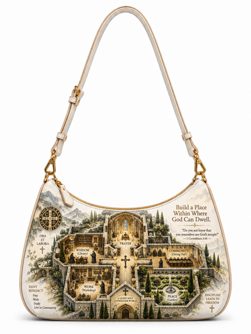 A cream-colored shoulder bag featuring a detailed, vintage-style map illustration of St. Benedict's Monastery in Monte Cassino, Italy, complete with text and a compass rose, set against a plain white background.