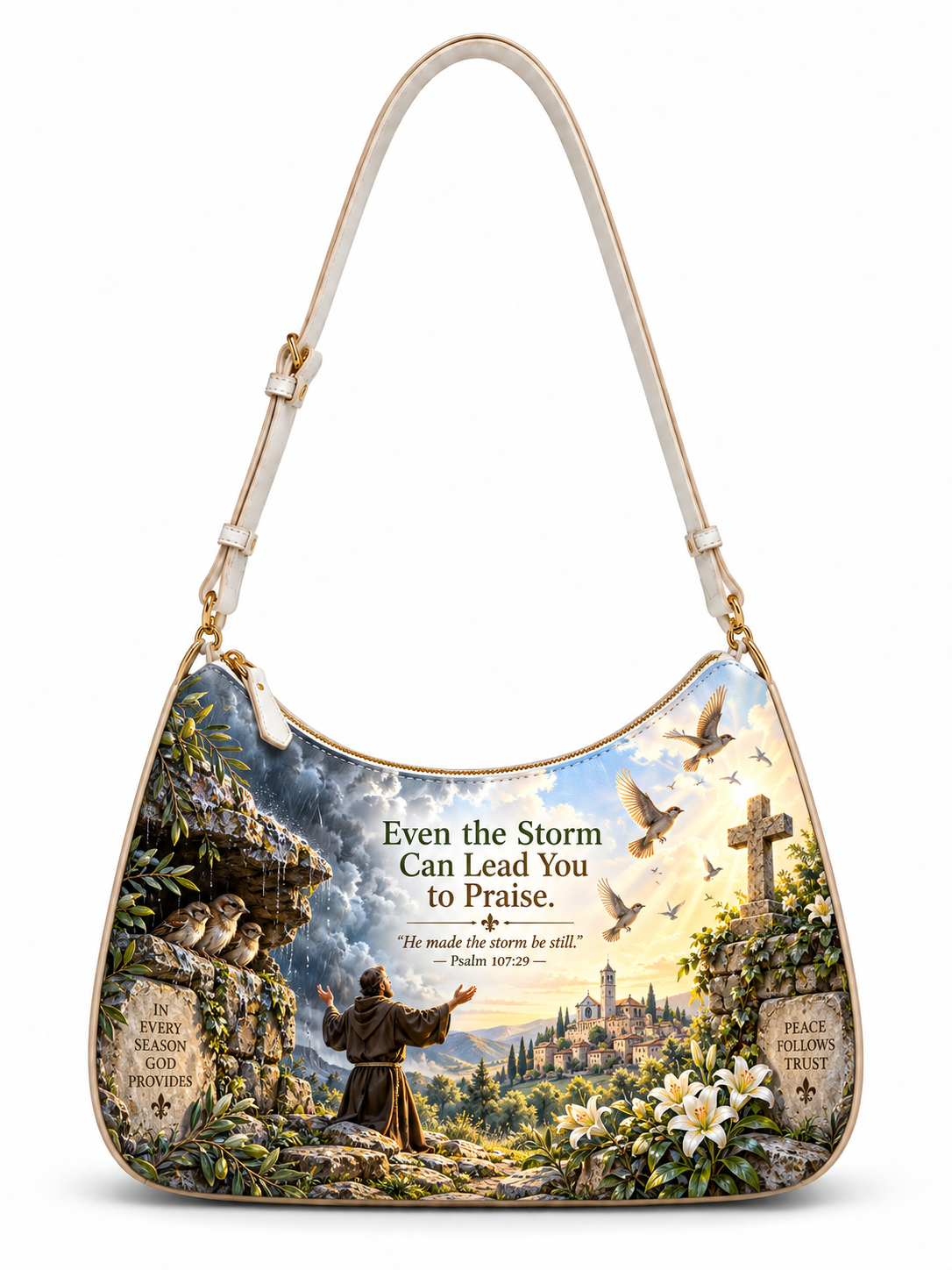 A hobo-style shoulder bag with a cream strap and trim, featuring a detailed religious landscape print on the front. The print shows a robed saint praying at a crossroads with stone ruins, white lilies, birds, a cross, and the text, 'Even the Storm Can Lead You to Praise.