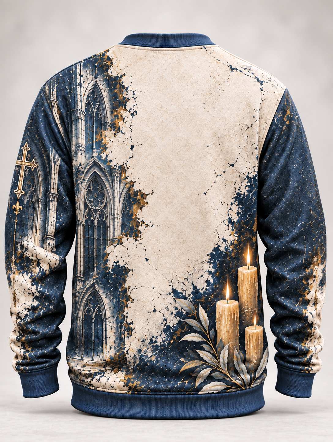 The back of a long-sleeve crewneck sweatshirt featuring a distressed graphic print. The design combines a dark blue gothic cathedral facade on the left with a heavily weathered, cream-colored textured background, and three lit candles with leafy branches on the right.