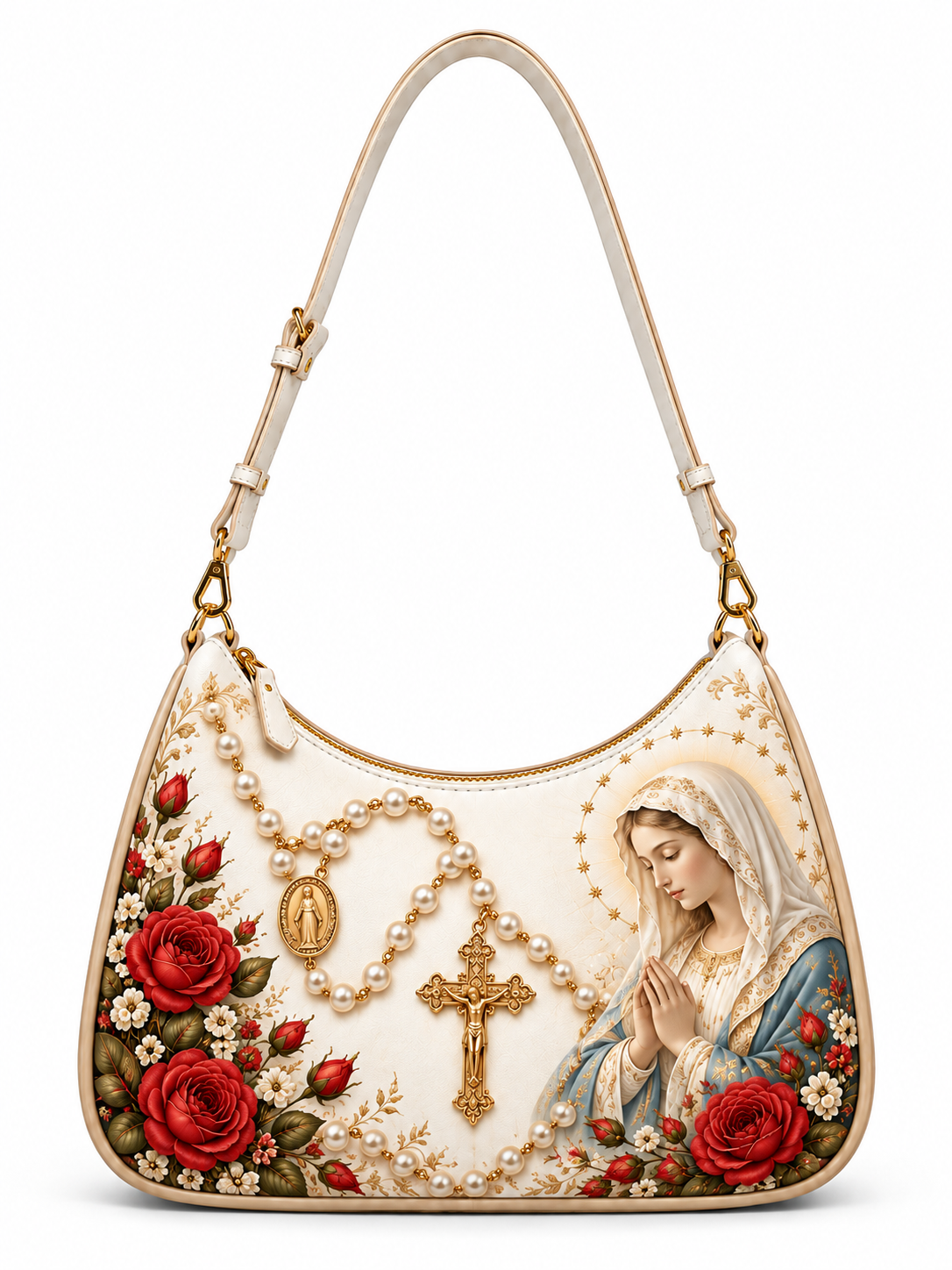 A cream-colored shoulder bag featuring a detailed religious design with a depiction of the Virgin Mary, red roses, pearls, and gold-tone religious symbols including a cross and medallion.