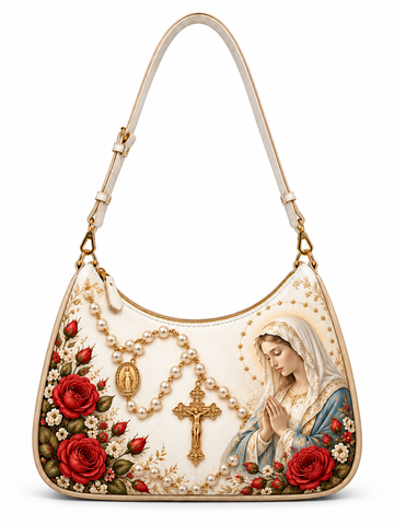 A cream-colored shoulder bag featuring a detailed religious design with a depiction of the Virgin Mary, red roses, pearls, and gold-tone religious symbols including a cross and medallion.