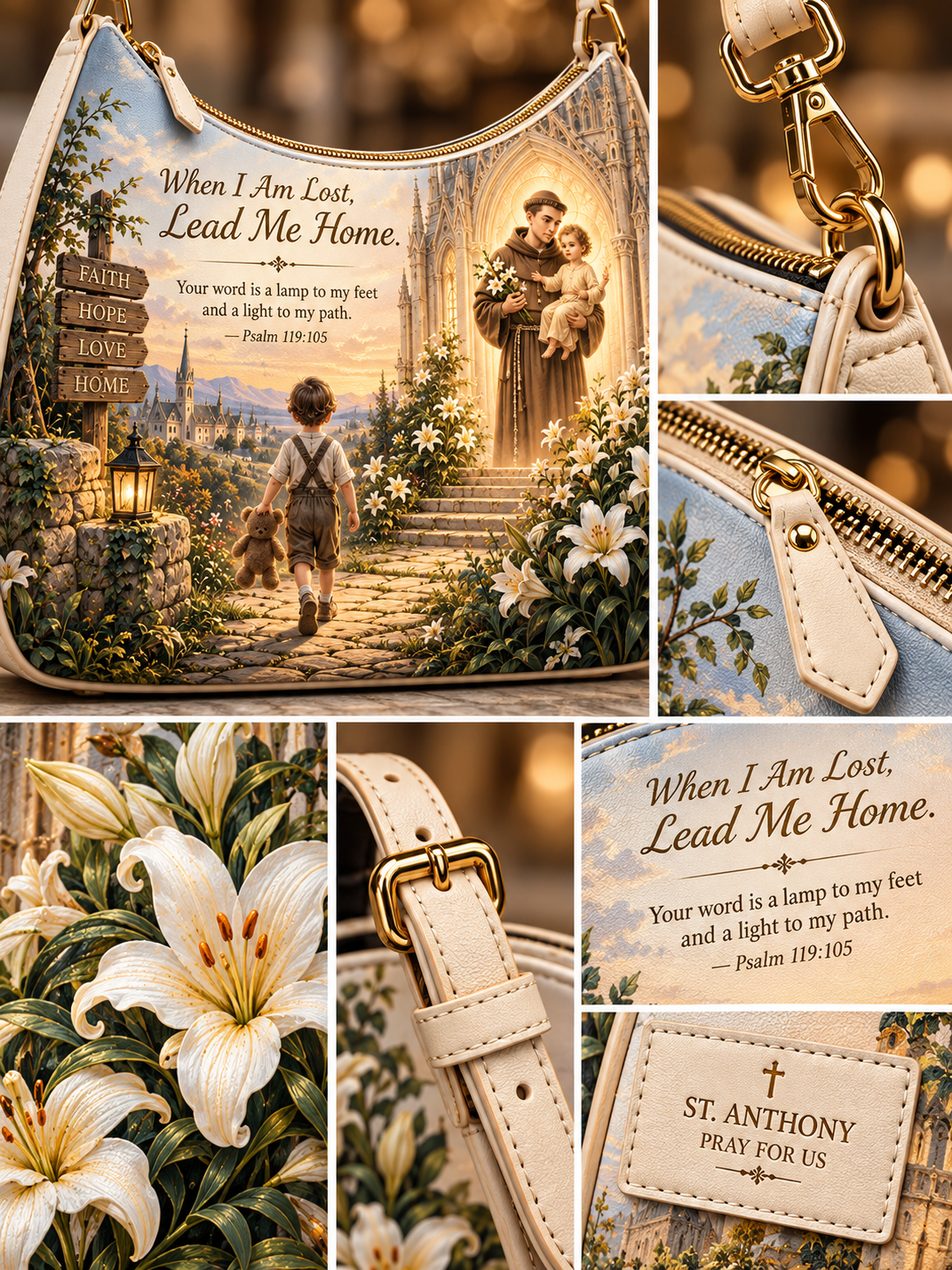 A collage showing a personalized crossbody bag with a detailed religious illustration of a woman walking down stairs toward a saint, accompanied by a Bible verse from Psalm 119:105. The collage also includes close-up details of the bag's hardware, a white lily flower print, and a leather patch that reads 'ST.