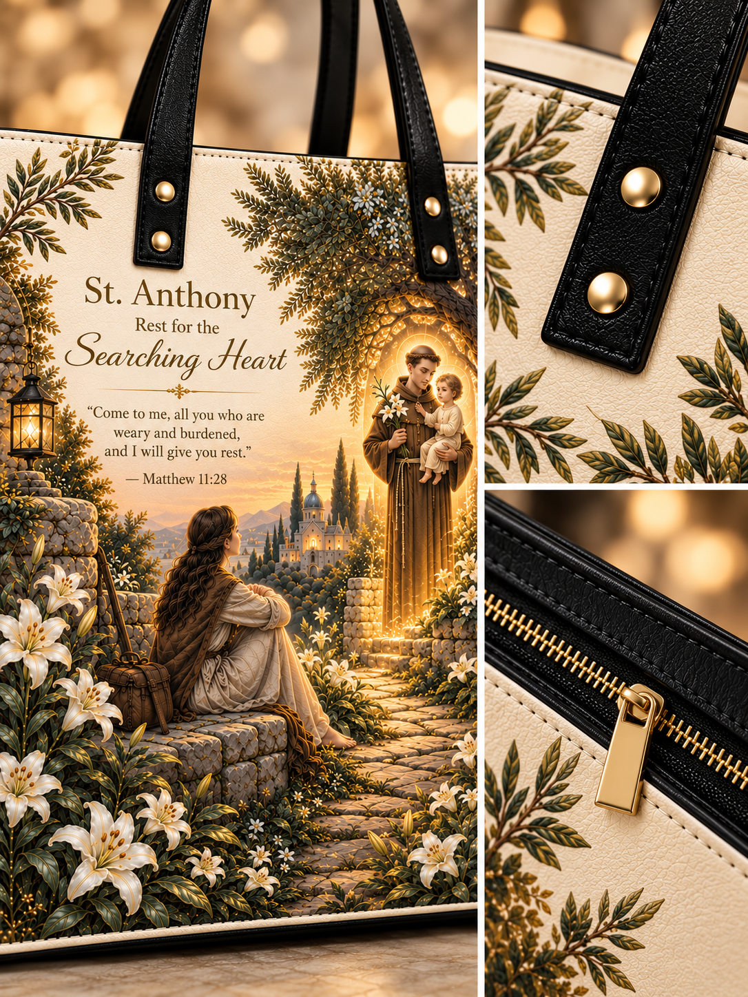 A tote bag shown in a three-panel collage: the main bag view on the left features a printed devotional scene with the text 'St. Anthony Rest for the Searching Heart' and a quote from Matthew 14:28.