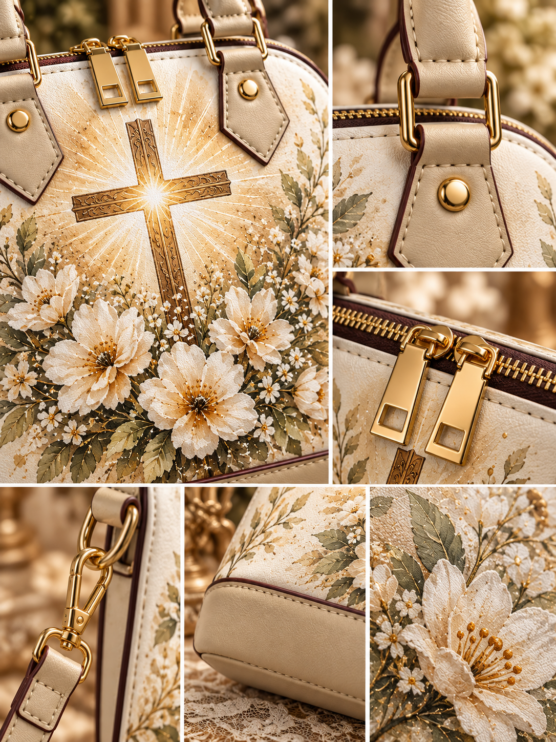 A collage of close-up views of a structured handbag with a cream floral print and a large gold-toned cross motif on the front. The bag has gold-tone hardware, including zipper pulls, rings, and studs, and is shown in multiple detail panels against a softly blurred warm background.