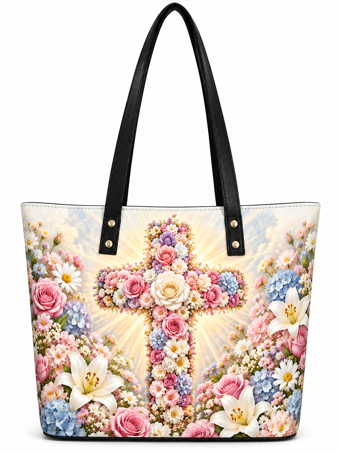 A tote bag with black shoulder straps and a colorful floral print featuring a large glowing cross in the center, surrounded by pink, blue, white, and yellow flowers on a light background.