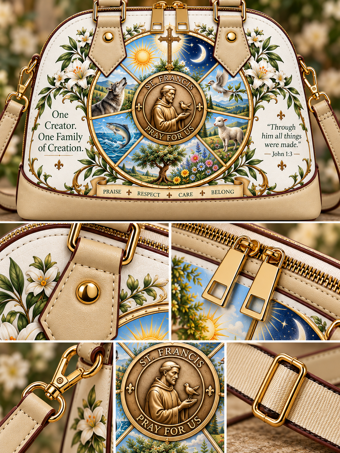 A beige and white handbag with a detailed religious illustration of Saint Francis, featuring a central medallion, floral borders, and gold-tone hardware. The collage shows multiple close-up views of the bag's design, including the main front view and detailed shots of the buckle, zipper, and medallion.