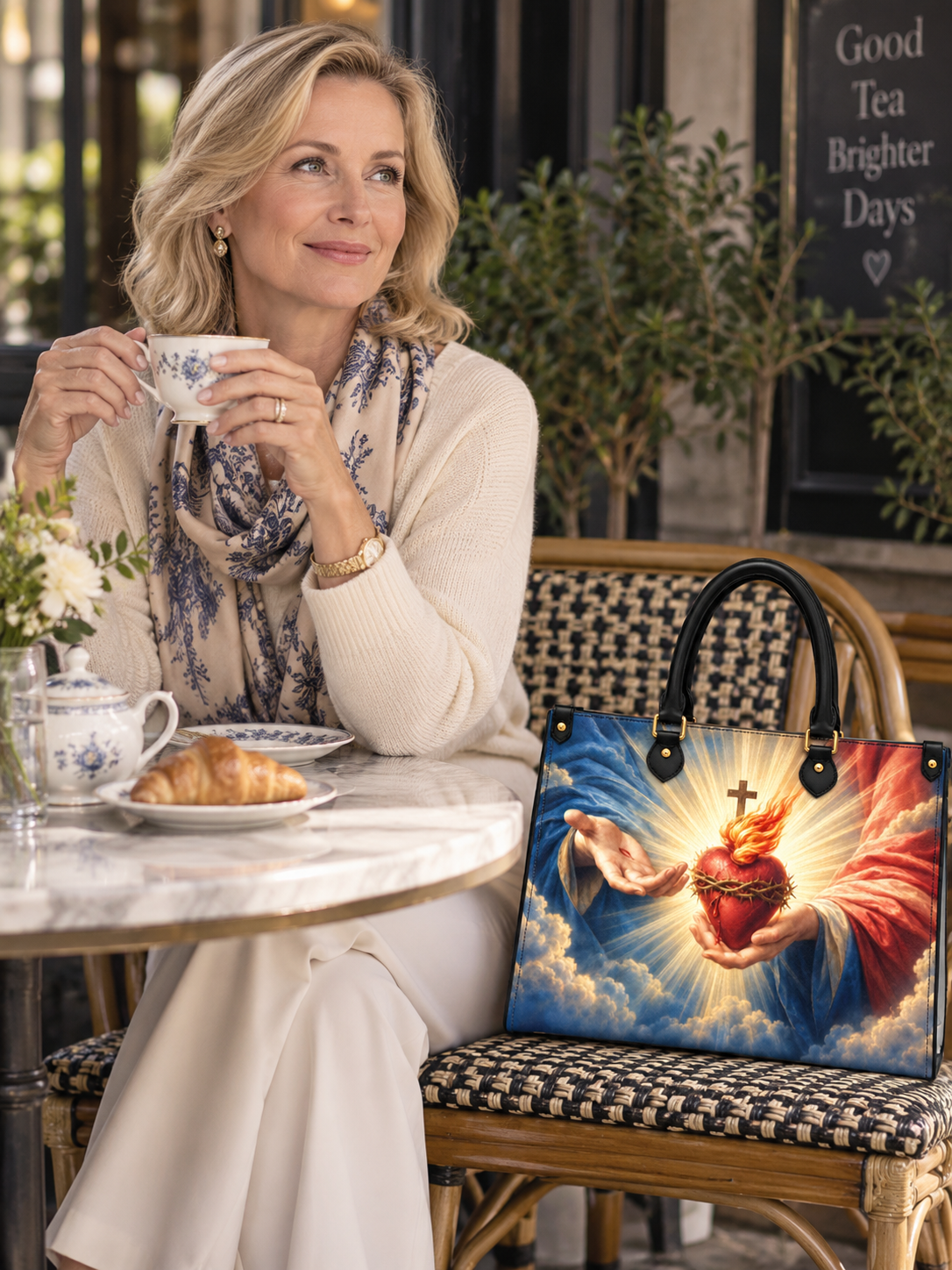 A woman in a cream sweater and patterned scarf sits at an outdoor cafe table holding a teacup, with a colorful tote bag featuring a Sacred Heart illustration resting on the chair beside her.