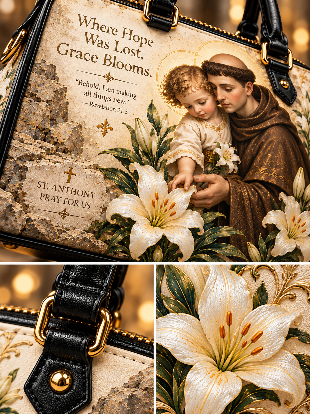 A structured handbag shown in a three-panel collage. The large top panel shows the full bag with a printed religious artwork featuring a saint holding a child, white lilies, stone texture, and the text 'Where Hope Was Lost, Grace Blooms' and 'ST.