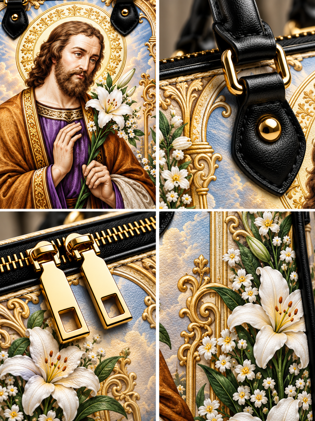 A luxury handbag shown in a four-panel collage, featuring a religious portrait of Jesus Christ with a lily of the valley, ornate gold baroque scrollwork, white lilies, small white flowers, a black leather strap with gold hardware, and gold zipper pulls.