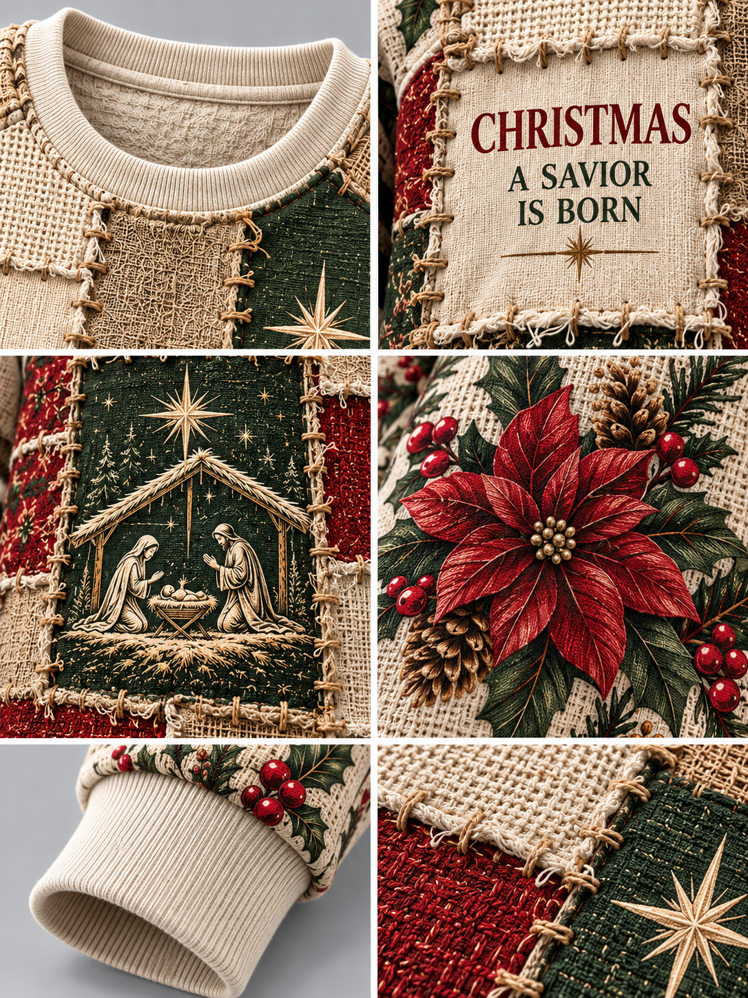 A Christmas-themed knit sweater shown in a six-panel collage, featuring a cream ribbed crew neck and cuff, a nativity scene patch, a red poinsettia motif, pinecones, holly, and the text 'CHRISTMAS A SAVIOR IS BORN'.