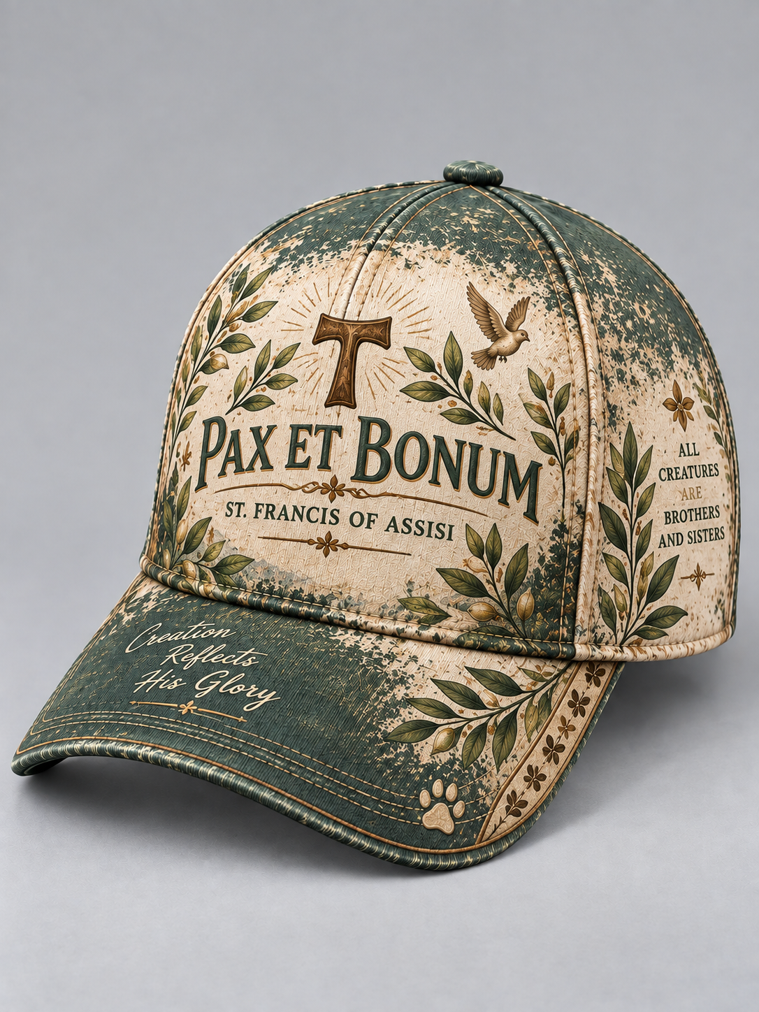 A distressed baseball cap with a vintage-style print featuring 'Pax Et Bonum' and 'St. Francis of Assisi' on the front, decorated with olive green laurel wreaths, a dove, and a cross on a beige background.