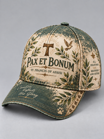 A distressed baseball cap with a vintage-style print featuring 'Pax Et Bonum' and 'St. Francis of Assisi' on the front, decorated with olive green laurel wreaths, a dove, and a cross on a beige background.