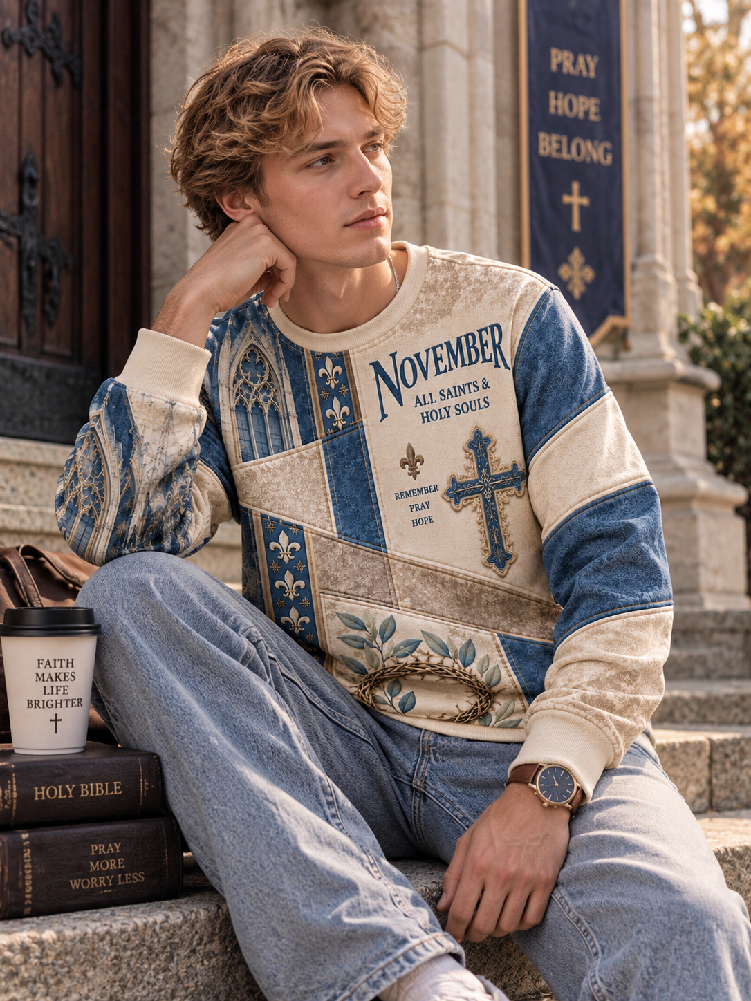 A young man sits on stone steps in front of a church doorway wearing a long-sleeve patchwork sweater with blue and cream sections, religious motifs, and the text 'November All Saints & Holy Souls.' A coffee cup and stacked books sit beside him, and a sign in the background reads 'Pray Hope Belong.