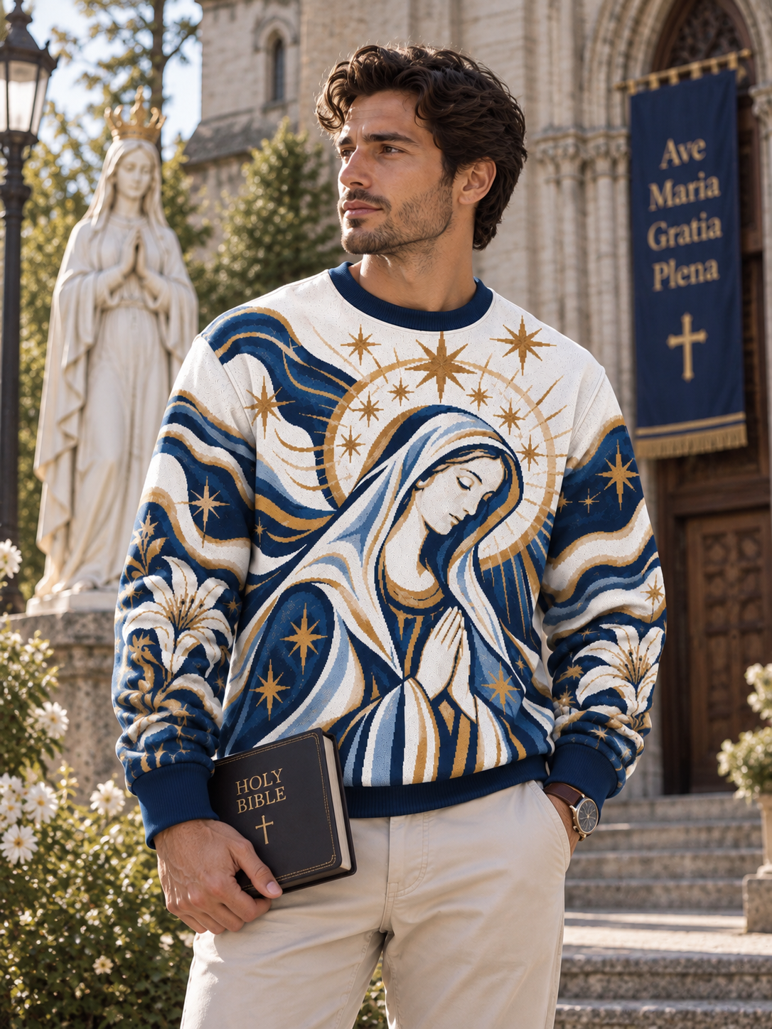 A long-sleeve crewneck sweatshirt featuring a detailed graphic print of the Virgin Mary with a gold halo, praying, surrounded by blue and white wavy patterns and gold stars. The sweatshirt has a white base with navy blue ribbed collar, cuffs, and hem.
