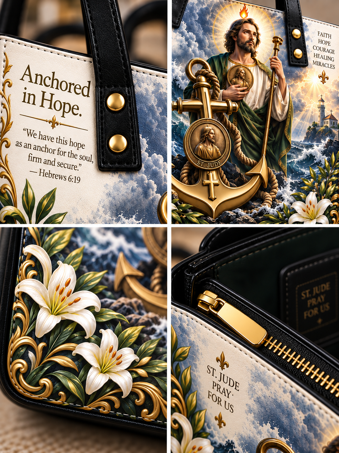 A four-panel close-up collage of a handbag featuring a St. Jude Christian art print with gold anchor, lilies, and ocean waves, black leather trim, gold hardware, and printed text including 'Anchored in Hope' and 'ST.