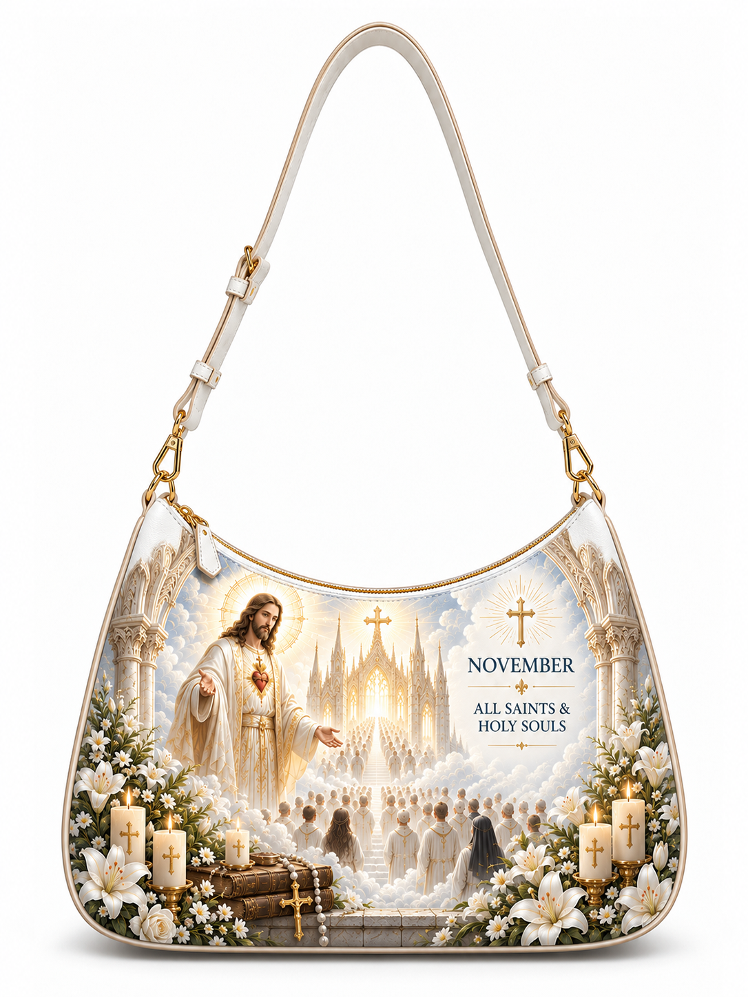 A shoulder bag with a religious illustration featuring Jesus, a church scene, candles, flowers, and the text 'NOVEMBER' and 'ALL SAINTS & HOLY SOULS'.
