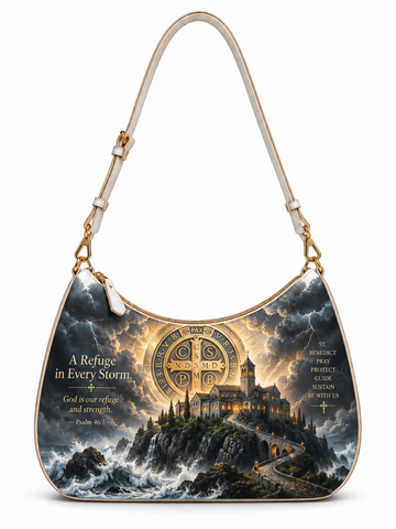 A shoulder bag with a detailed fantasy illustration of a castle on a rocky cliff during a storm, featuring a gold circular emblem in the center and inspirational text on the front. The bag has a cream-colored strap and gold-tone hardware.