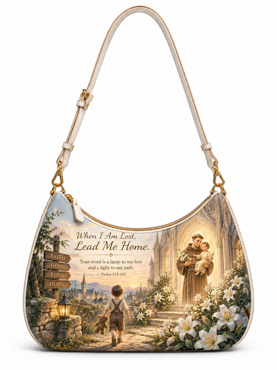 A shoulder handbag with a cream-colored strap and gold-tone hardware, featuring a detailed religious illustration on the front. The artwork shows a child walking toward a saint holding a child, white lilies, a garden path, and the text 'When I Am Lost, Lead Me Home' with a Bible verse.