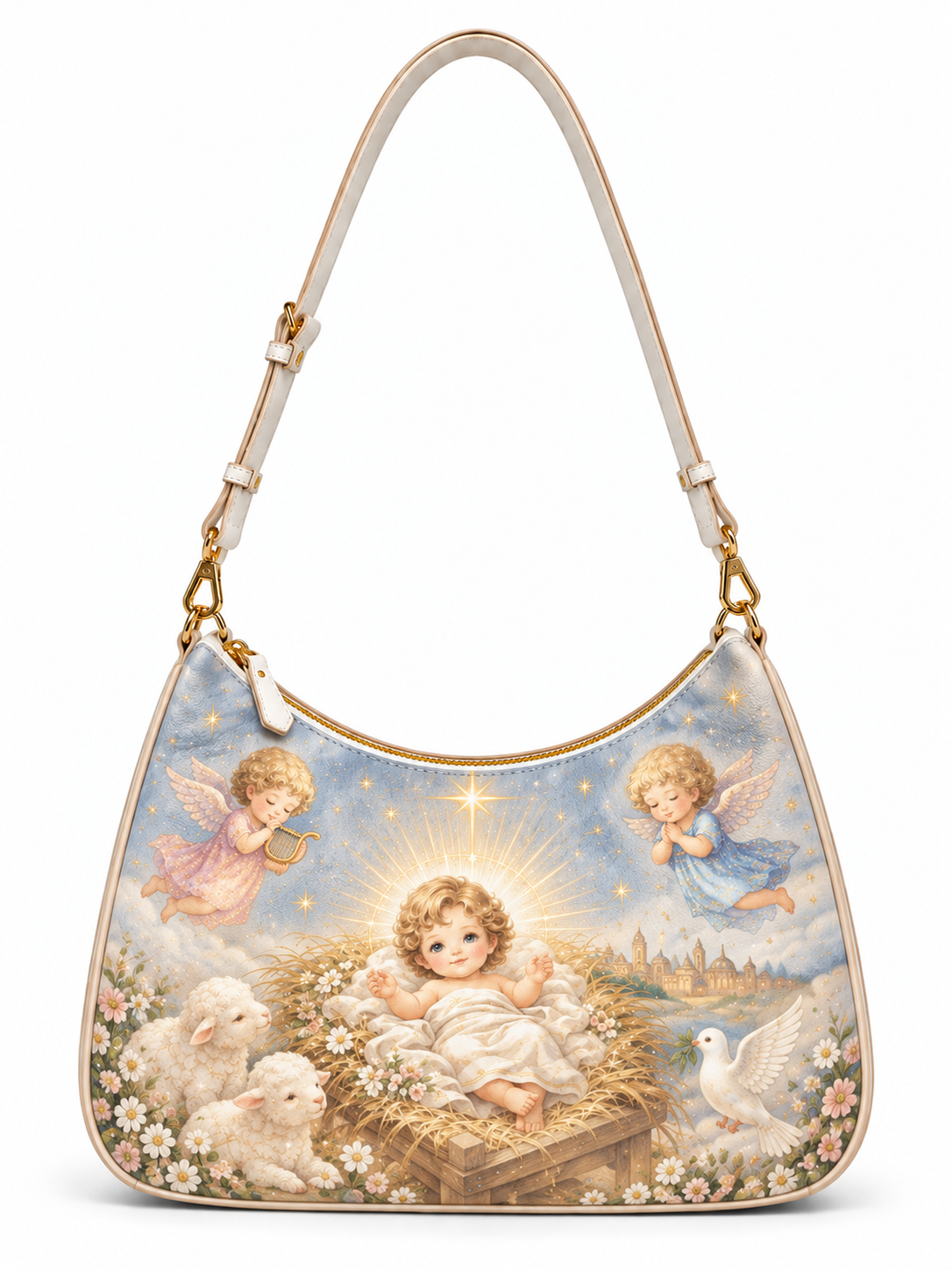 A hobo shoulder bag featuring a vintage-style illustration of baby Jesus in a nativity scene with angels, sheep, a dove, and a star. The bag has a cream-colored strap and trim with gold-tone hardware, set against a plain white background.