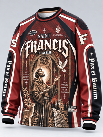 A long-sleeve crewneck sweatshirt featuring a detailed graphic print of Saint Francis of Assisi. The design has a dark red and black color scheme with white text and accents, showing an illustration of Saint Francis, a dove, a deer, and a wolf.