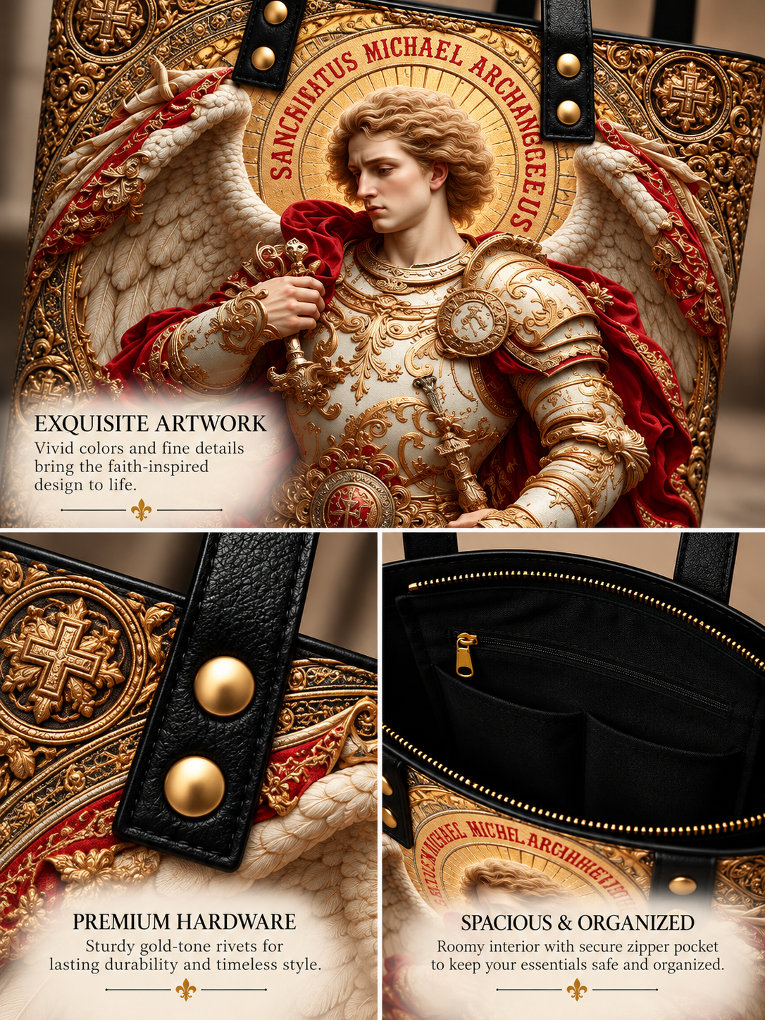 Three-panel product showcase of an ornate shoulder bag featuring a large printed artwork of a winged warrior in gold armor, with close-up views of the black leather strap hardware and the black interior zipper compartment.