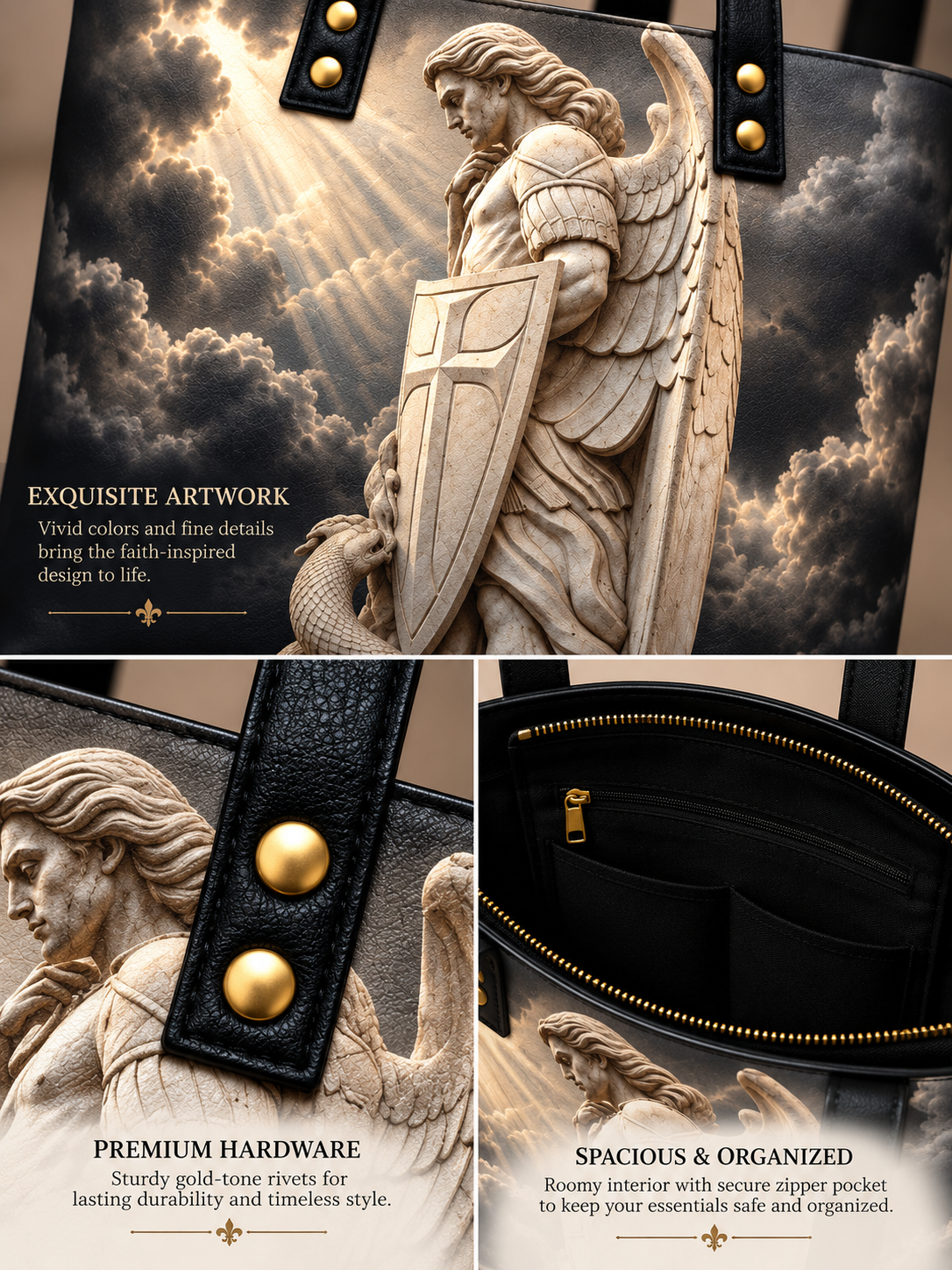 A luxury tote bag shown in a three-panel collage. The top panel features a large angel statue sculpture on the front, accented with gold-tone hardware against a dramatic cloudy sky background.