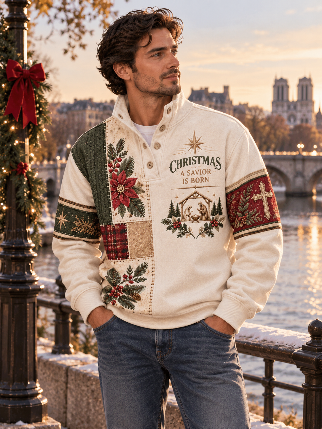 An off-white long-sleeve quarter-placket pullover sweater with a Christmas patchwork design, featuring a red poinsettia, green pine branches, a nativity scene, and the text 'CHRISTMAS A SAVIOR IS BORN' on the chest.