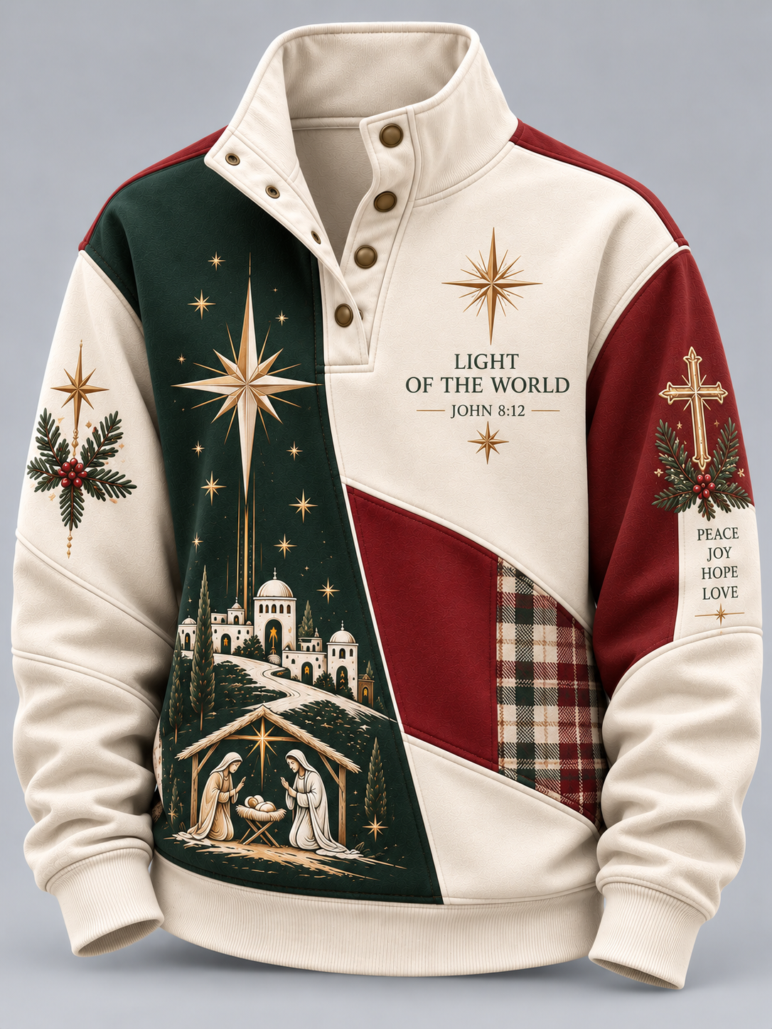 A Christmas-themed quarter-zip pullover sweater with a cream base, dark green and deep red color-blocked panels, and detailed holiday graphics including a nativity scene, a star, plaid pattern, and text reading 'LIGHT OF THE WORLD' and 'PEACE JOLY HOPE LOVE'.