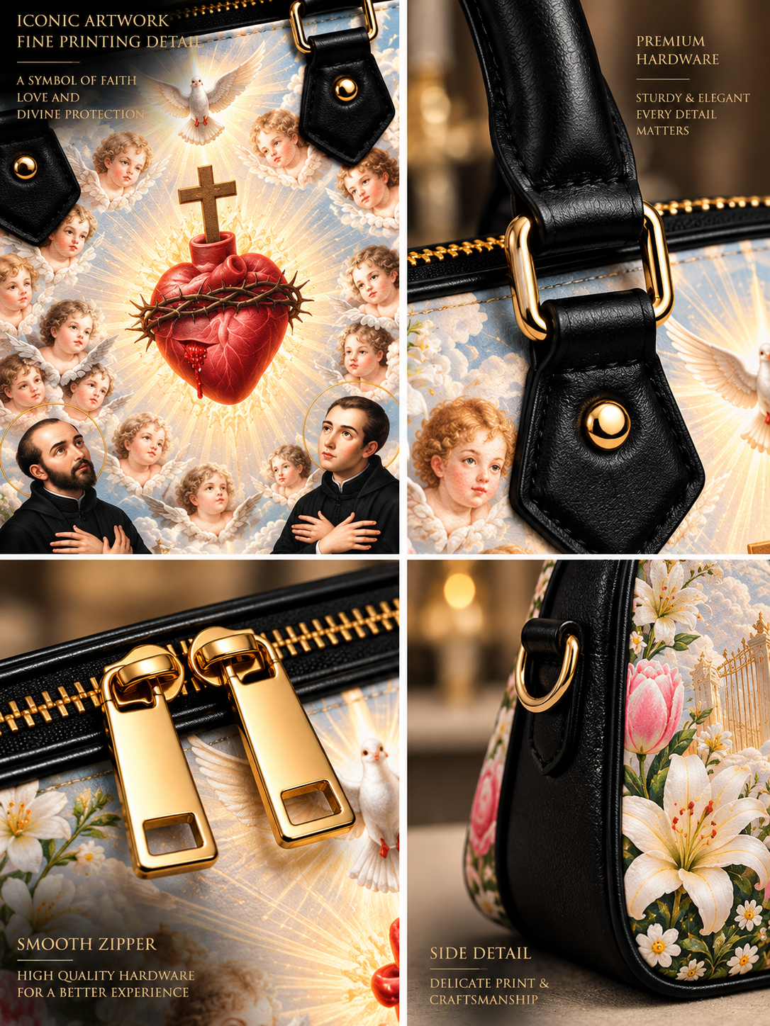 A luxury handbag shown in a four-panel collage highlighting its details: a main view with a religious icon print, a close-up of the black leather strap and gold hardware, a close-up of the gold zipper, and a side detail showing a floral print on the bag body. The bag features a black leather trim and a detailed print of a red heart with a cross, angel faces, and lilies.