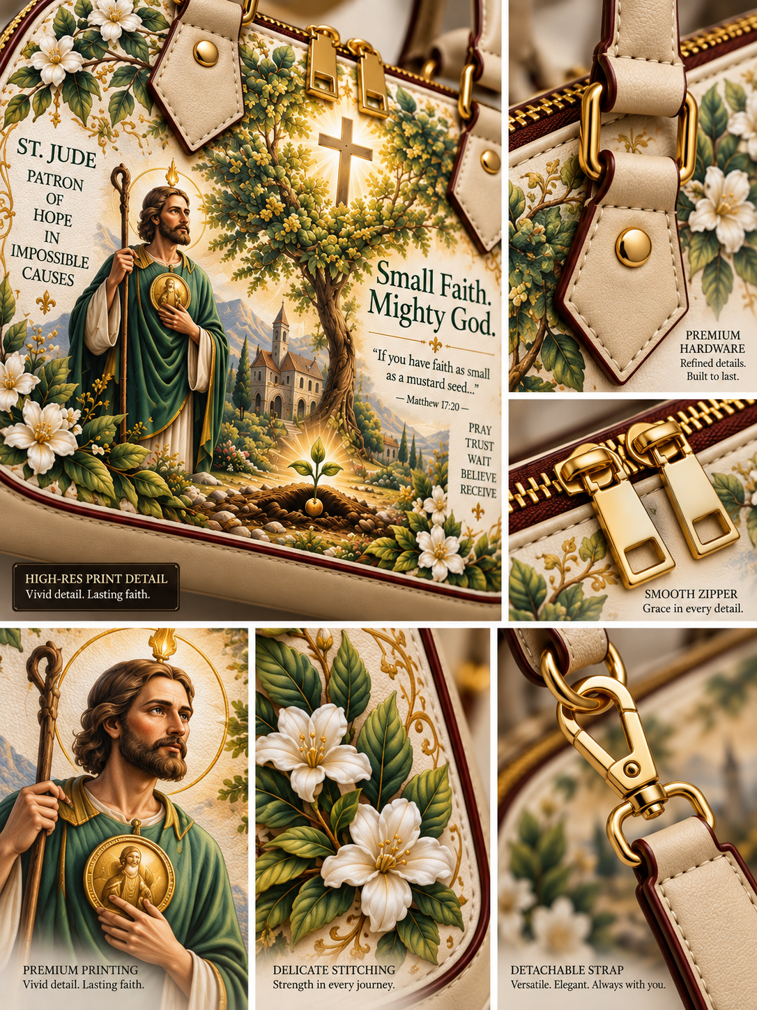 A collage showing multiple close-up views of a decorative shoulder bag with a vintage-style religious illustration. The bag features a cream leather strap, gold-tone hardware, and a printed design with a saint, white flowers, green foliage, and text including 'St.