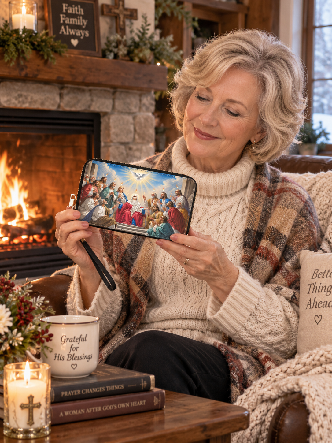 A zip-around wristlet wallet featuring a detailed religious painting of the Last Supper, complete with a black wrist strap and gold-tone hardware, shown against a plain white background.