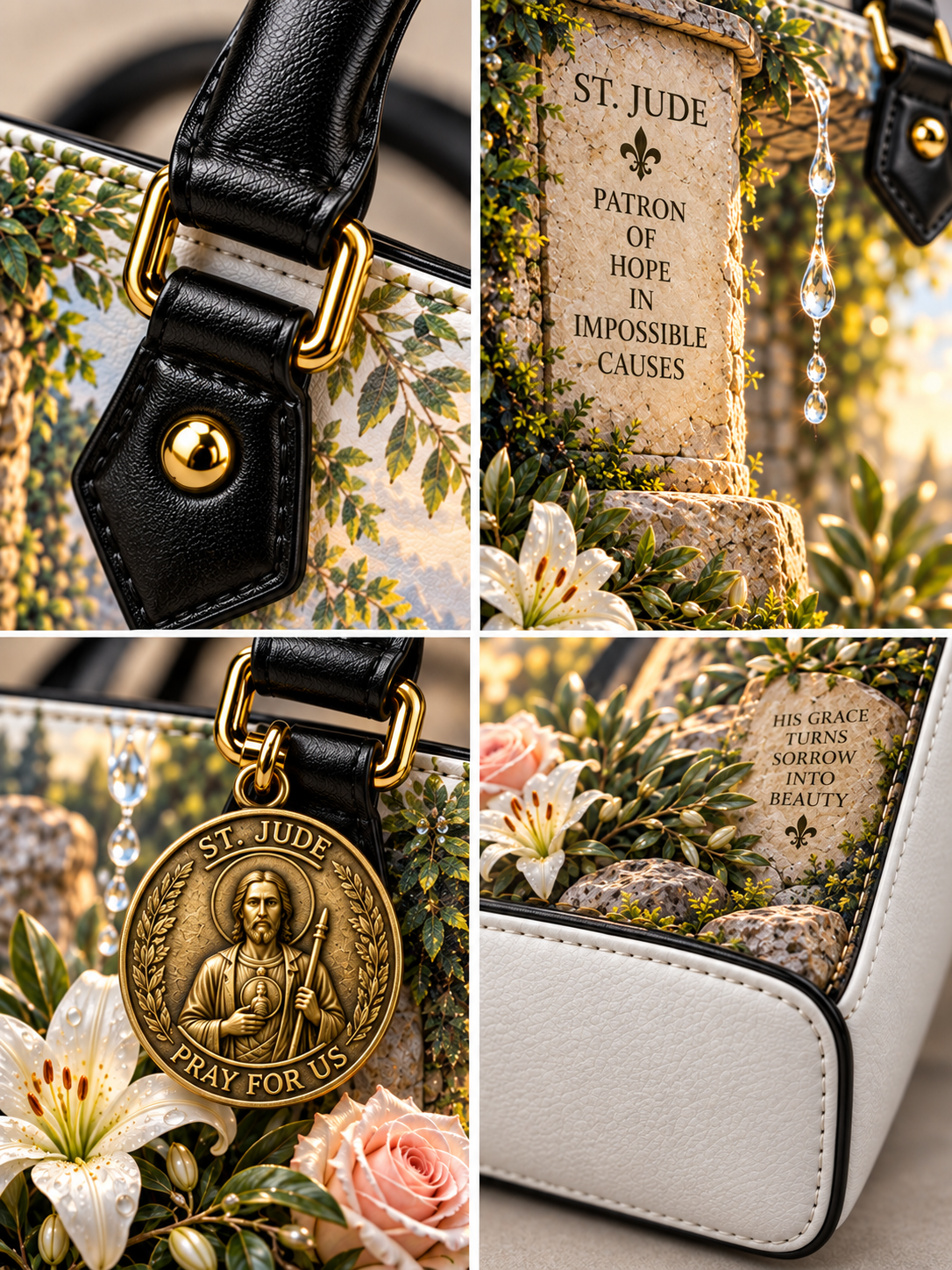 A four-panel close-up collage of a handbag featuring a floral print, black leather trim with gold-tone hardware, a hanging bronze-toned St. Jude medallion, and a built-in miniature garden scene with faux flowers, rocks, and tombstone-style plaques reading St.