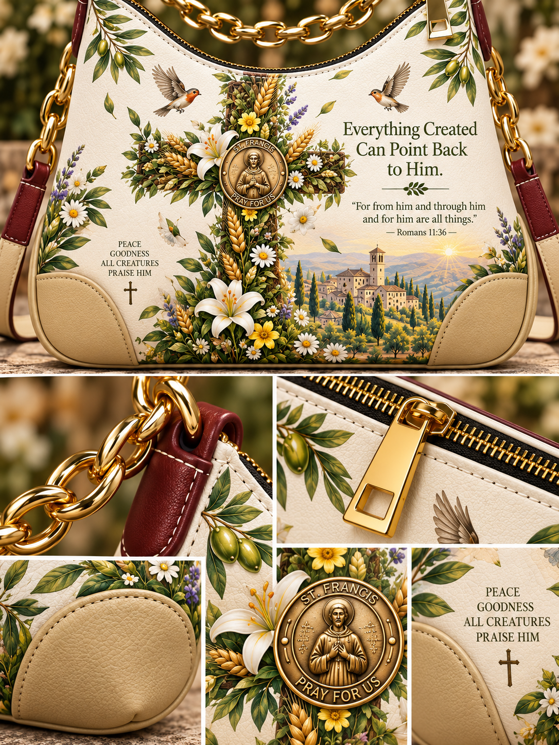 A decorative shoulder bag shown in a multi-panel collage, featuring a cream base printed with floral motifs, a large gold cross, birds, a small saint medallion, a scenic landscape patch, and printed scripture text. The bag has gold-tone chain straps, a gold zipper pull, and burgundy leather trim.