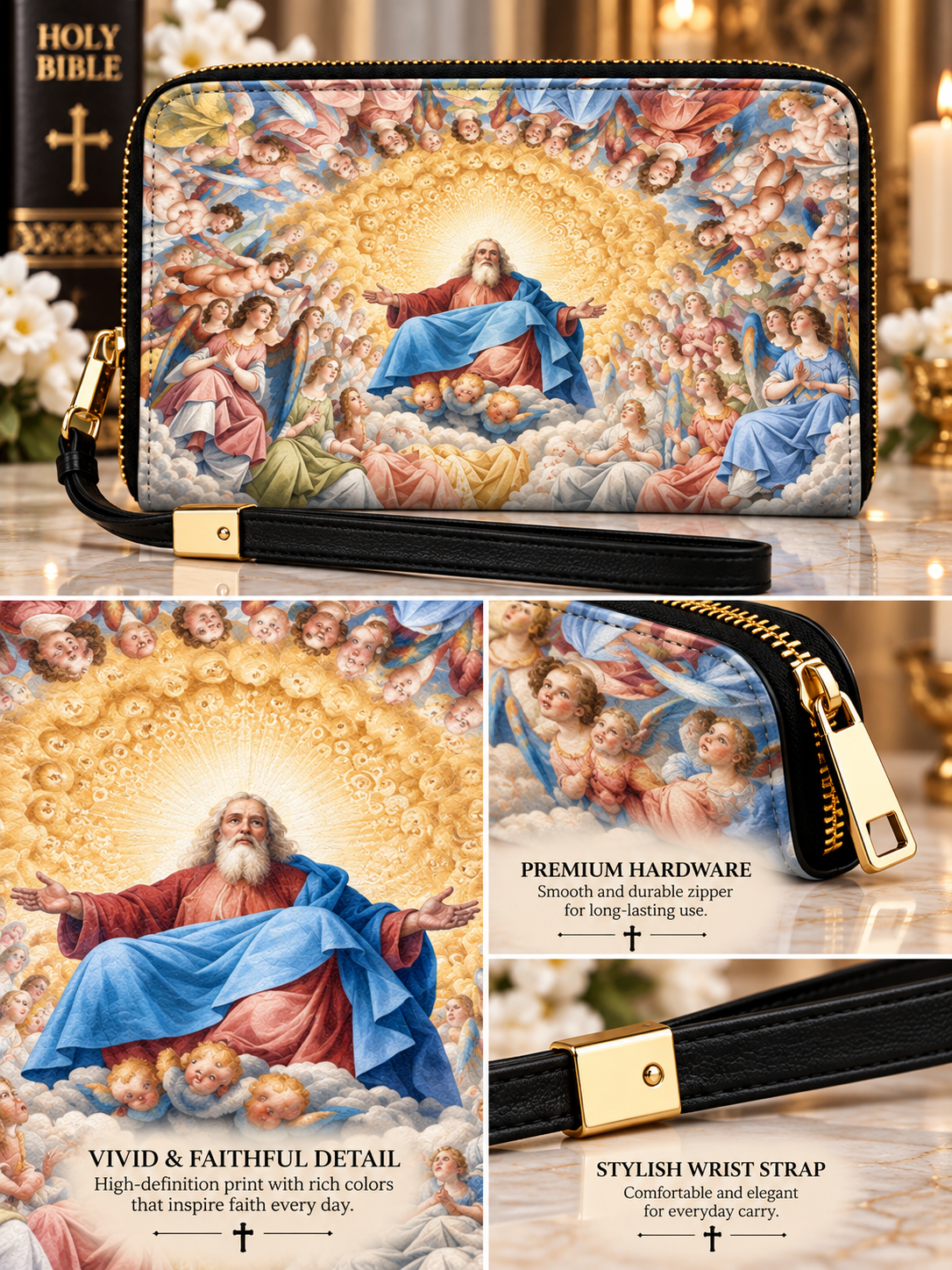 A Holy Bible-themed zip-around wristlet clutch with a detailed religious painting print of God and angels, shown in a collage with close-ups of the hardware, strap, and printed artwork.