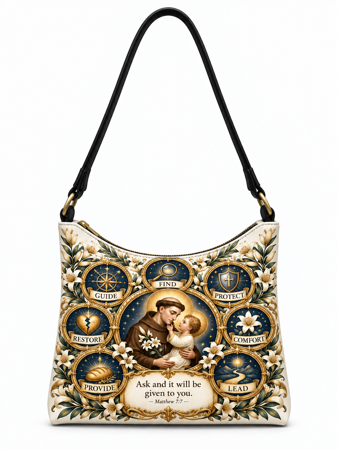 A shoulder bag featuring a detailed religious illustration of Saint Padre Pio holding a child, surrounded by gold medallions with words like 'Guide', 'End', 'Protect', and 'Comfort' on a white background.